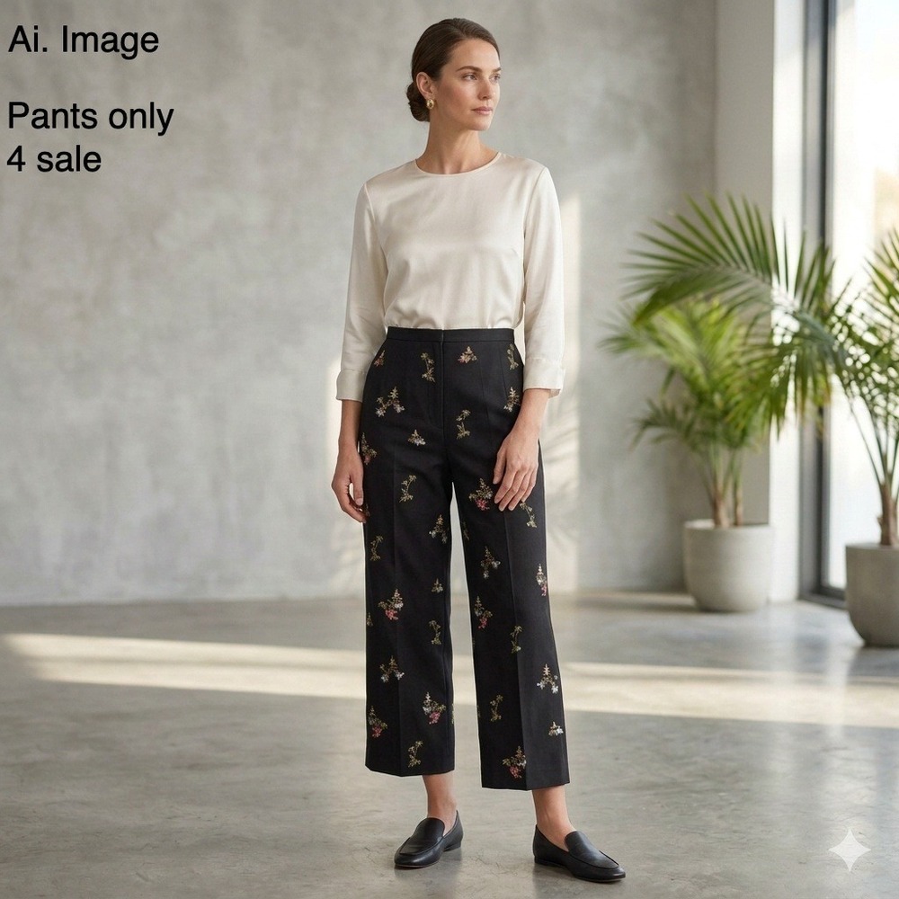 Talbots Silk Blend Novelty Embroidered Scenic Pagoda Black Pants Womens 8‎ Asian